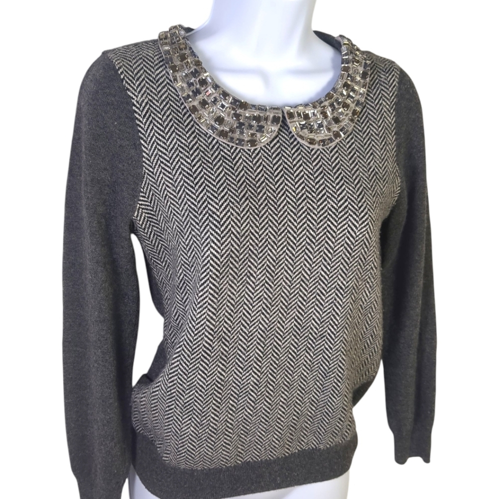 J Crew Women's Gray Jewel Collar Herringbone Sweater Size XS Merino Wool